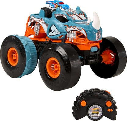 Hot Wheels Monster Trucks RC Toy, Remote-Control Transforming Rhinomite in 1:12 Scale & 1:64 Scale Race Ace, Converts into Launcher, Connects to Track - style: Rhinomite