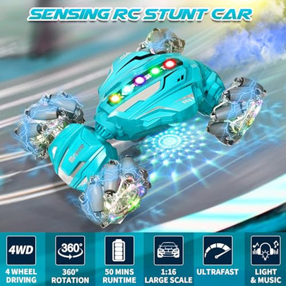 Gesture Sensing RC Stunt Car, Boys Toys Age 6-12, 4WD Hand Controlled Remote Control Car with Light & Music, 360°Rotation Christmas Birthday Gift for Boys Girls Age 6 7 8 9 10 11+(Lagon Blue) - color: Silver