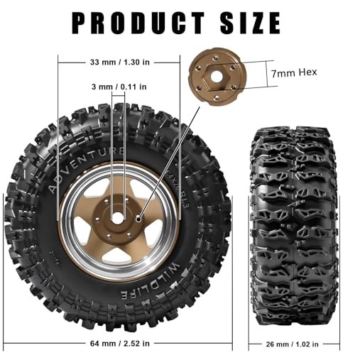 1.3" Beadlock Wheel Tires, Aluminum 1.3 Beadlock Wheels and Tires Upgraded 1.45-inch Wheel for for 1/24 SCX24 AX24 FCX24 1/18 TRX4M FMS RC Crawler Car Upgrade (Bronze) - color: Bronze