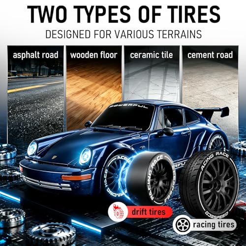 1:20 RC Drift Car, 2.4GHz 4WD 360° Fixed Point Drift for Boys | 50 min playtime with 2 batteries, 2 tire sets (drift & off-road), 3 LED lights, great gift for kids 6-12 - color: Deep Blue