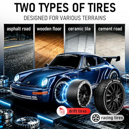 1:20 RC Drift Car, 2.4GHz 4WD 360° Fixed Point Drift for Boys | 50 min playtime with 2 batteries, 2 tire sets (drift & off-road), 3 LED lights, great gift for kids 6-12 - color: Deep Blue