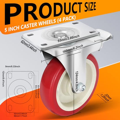 5 Inch Plate Caster Set of 4, Heavy Duty PU Swivel Wheel with Dual Brakes | Smooth 360° rotation,dual locking brake,silent PU wheels - color: Red, size: 5 IN