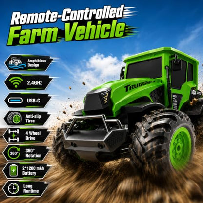 1:14 Amphibious Farm RC Tractor, All-Terrain Off-Road Stunt Trucks Toy Car | Waterproof Amphibious Farm Vehicle 2.4GHz Remote Control Tractor 4WD Stunt Water Car Birthday Gift for Boys & Girls Ages 6-14