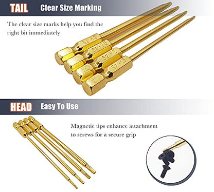 S2 Steel Titanium RC Hex Bit Set 1.5 2.0 2.5 3.0mm for Power Drill | Hex Head Allen Wrench Hexagon Screwdriver Tool Kit 1/4" Hex Shank 3.9" Long for Screwgun/Power Drill RC Repair Working