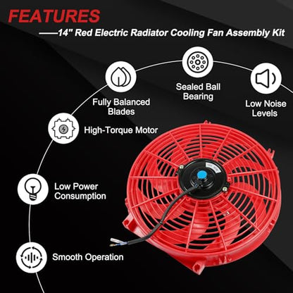 JDMSPEED New 14" Inch Universal Slim Fan Push Pull Electric Radiator Cooling 12V Red Kit - color: Red, size: 14 Inch