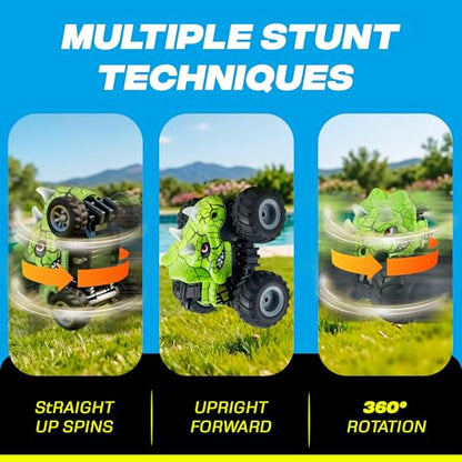 BEZGAR Monster Truck Toys, RC Cars with Mist Spray & Light, Two Batteries | Green Dinosaur Toys, 360° Stunt Spins RC Truck with Music, 4WD Remote Control Car for Boys 4-7, 40+ Mins Battery Life - color: Green