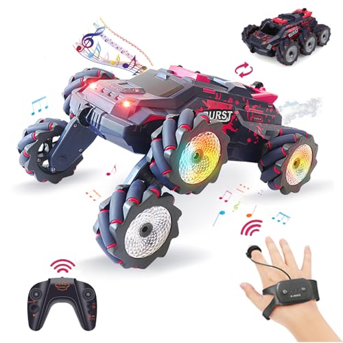 6WD Remote Control Car, 2.4GHz Gesture Sensing RC Stunt Car with Spray, Lights & Music, 360° Rotation RC Cars Birthday Chirstams Gifts ((Red) - color: Red