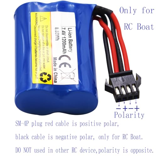 Blomiky 2 Pack 7.4V 1200mAh Li-ion Rechargeable Battery with SM-4P Connector Plug and USB Cable Replacement fit for HONGXUNJIE HJ808 HJ823 2.4GHz RC Boat / HJ808