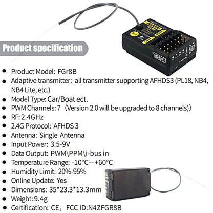 HTLNUZD Flysky FGR8B 2.4GHz 8CH Remote Control Receiver, Output AFHDS 3 PWM/PPM/i-Bus RF Modules Compatible FS PL18 / Noble NB4 Pro / NB4 Lite/ FRM302 Transmitters for Rc Car Boat
