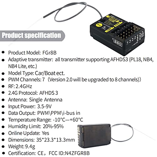 HTLNUZD Flysky FGR8B 2.4GHz 8CH Remote Control Receiver, Output AFHDS 3 PWM/PPM/i-Bus RF Modules Compatible FS PL18 / Noble NB4 Pro / NB4 Lite/ FRM302 Transmitters for Rc Car Boat