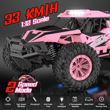 BLUEJAY Remote Control Car, 2.4GHz High Speed 33KM/H RC Cars Toys | 1:12 Monster RC Truck Off Road with LED Headlight and Rechargeable Battery Gifts for Adults Boys 8-12 - color: Pink