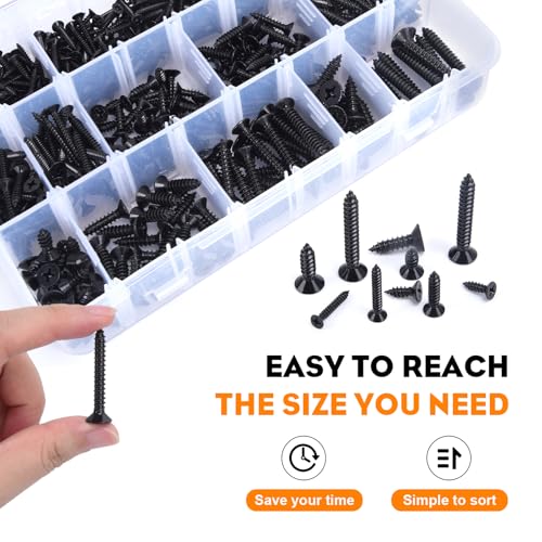 542PCS #4#6#8#10#12 Phillips Head Screw Set Stainless Steel Wood Screws Assortment Kit, Assorted Sheet Metal Self Tapping Screws, 18-8(304) Stainless Steel (Flat Black) - style: flat black