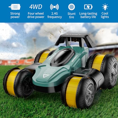 Remote Control Car RC Stunt Cars Toy Gifts - High-Speed Drift 360 Flips Four-Sided Driving Rotating Twist 4WD Offroad Vehicle for Kids Boy Girl Birthday Presents Ages 5 6 7 9 10 11 12 Years Old Green - color: Green