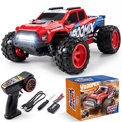 Vroomix 1:16 4WD RC Car, Red Remote Control Light Hobby Racing Monster Truck Toy Gift for Kids, 3 Driving Modes, Up to 28 Mph, 35 Mins, 110 Ft Range, Toy Truck for Boys Age 8-12 & Adults - color: Red