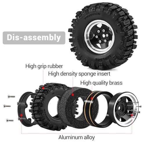 1.3" Beadlock Wheels and Tires for SCX24 TRX4M 1/18 1/24 RC Crawlers – Aluminum Rims, Soft Rubber Tires with Foam Inserts, Easy-Install Upgrade Parts (Black 255) - color: Black 255