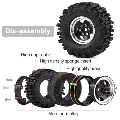 1.3" Beadlock Wheels and Tires for SCX24 TRX4M 1/18 1/24 RC Crawlers – Aluminum Rims, Soft Rubber Tires with Foam Inserts, Easy-Install Upgrade Parts (Black 255) - color: Black 255