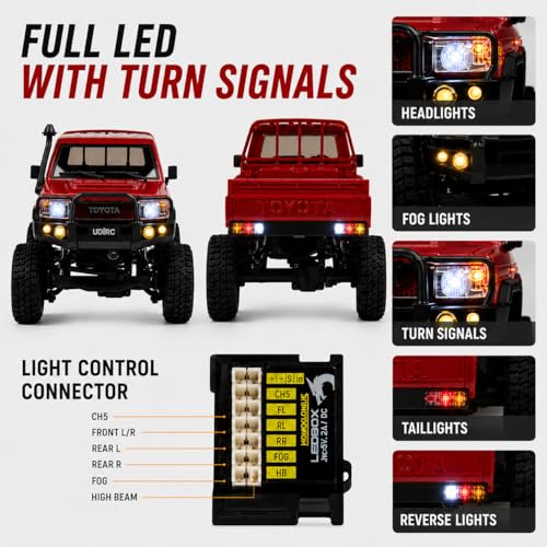 UDIRC UCX2404PRO 1/24 Scale Brushless Trail Truck, 4WD Off-Road rc Crawler | 2-Speed Transmission, Full LED Lights, Hydraulic Shocks, Breakaway Tank Turn, RTR for Adults - color: Red