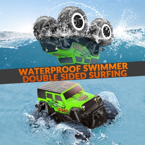 STEMTRON Amphibious RC Car 1:16 4WD Waterproof Monster Truck | 2.4GHz All Terrain Off-Road Remote Control Car, 360° Spin, Double-Sided Water Driving, Pool & Beach Toy Gift for Kids - color: Green Suv, size: 1:16 Scale