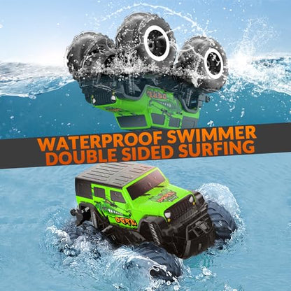 STEMTRON Amphibious RC Car 1:16 4WD Waterproof Monster Truck | 2.4GHz All Terrain Off-Road Remote Control Car, 360° Spin, Double-Sided Water Driving, Pool & Beach Toy Gift for Kids - color: Green Suv, size: 1:16 Scale