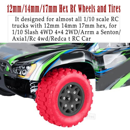 RC F/R Wheels and Tires Set w/Detachable Replace Running on Off-Road Tire RC Wheel Hex for 1/10 Slash 4WD 4×4 2WD/Arrm a Senton/Axia1/Rc 4wd/Redca t,12mm/14mm/17mm Hex,Black-Red（4PCS - color: Black-red(rc Wheels Tires)