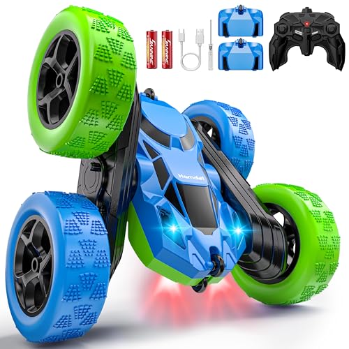 Hamdol Upgraded RC Car for Kids, 360° Rotating Double Sided Stunt Vehicle with Headlights, 2.4GHz 4WD Remote Control Car, USB-C Rechargeable Electric Toy, Birthday for Boys & Girls - color: Blue&green, size: Pro (USB-C & Modular Battery)