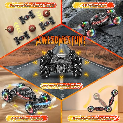 RC Stunt Car, 2.4GHz LED Gesture Sensing, 4WD Double Sided Rotation with Lights and Music, All Terrain Rotation Drift Car - Birthday Gifts for Boys & Girls (Black)