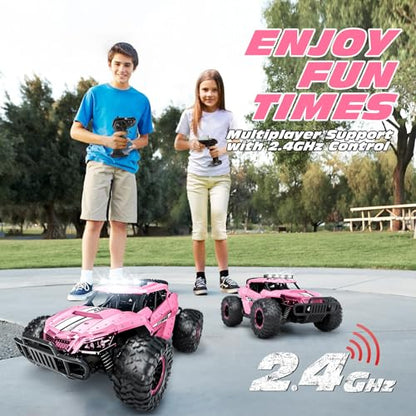 Tecnock Pink RC Car 1/16 Scale Remote Control Car for Girls, High Speed 20 Km/h All Terrains Rc Monster Truck with Two Rechargeable Batteries & Head Chassis Lights Gift Toy for Kids Adults - color: Pink