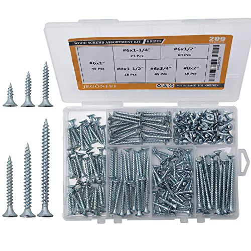 JEGONFRI 209PCS Wood Screw Assortment Kit, 6 Sizes Flat Head Phillips | Great for Home Improvement, Sturdy Steel, Rustproof, Handy Storage Case, Sizes: 2",1-1/2",1-1/4",1",3/4",1/2" - style: 209 Screws