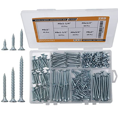 JEGONFRI 209PCS Wood Screw Assortment Kit, 6 Sizes Flat Head Phillips | Great for Home Improvement, Sturdy Steel, Rustproof, Handy Storage Case, Sizes: 2",1-1/2",1-1/4",1",3/4",1/2" - style: 209 Screws