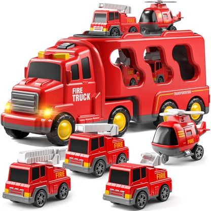 JUKUDAHU Fire Truck Toys for Kids Ages 3-5 - Carrier Vehicle Toy Set | Car Toys for Boys Ages 3+, Fire Toys, Kids Toys Truck Set for Ages 3-9, Birthday Gifts for Boys Girls - style: 5 IN 1 Fire Truck