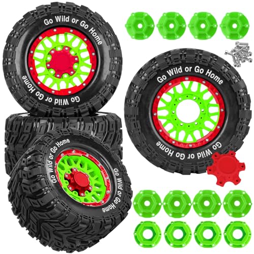 RC Truck Tires Wheel for 1/10 Big Rock Granite Vortek 3s / Stampede Rustler RC Car,4-Pack RC Wheels Tires,Green-Red - color: Green-red- (Rc Tires Wheel)