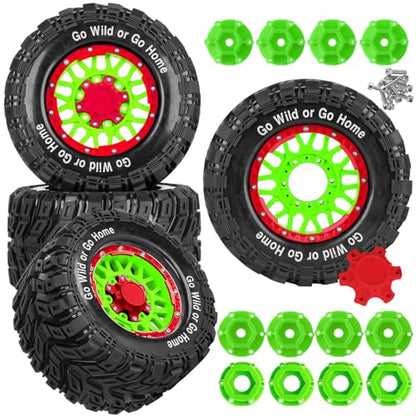 RC Truck Tires Wheel for 1/10 Big Rock Granite Vortek 3s / Stampede Rustler RC Car,4-Pack RC Wheels Tires,Green-Red - color: Green-red- (Rc Tires Wheel)