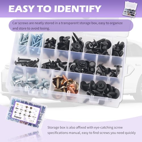 160PCS Metal Car Screw Assortment Kit with 14 Size,Pan Head Self Tapping Screws Retainer Clips for Car Bumper/Mudguard/Trim,Universal Automotive Trim Screws Cars Accessories