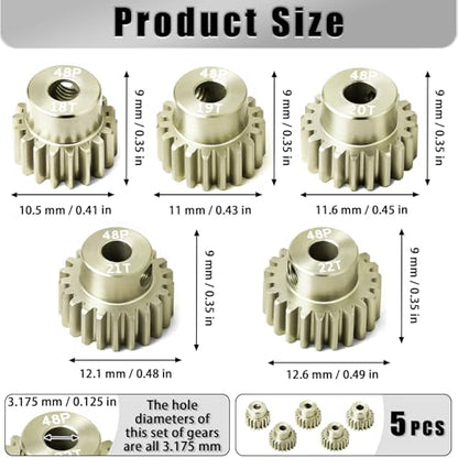 5Pcs 48P Aluminum Alloy Pinion Gear Set 3.175mm 18T 19T 20T 21T 22T Motor Pinion Gear W/ M4 Screw and Hex Key, Fit 3.175mm (1/8-Inch) Shaft, for Arrma HPI Kyosho Losi Axial Traxxas Tamiya 1/10 RC Car - size: 48P-P-3.175mm-18-22T