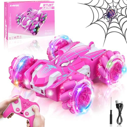 Dolanus Girls Toys Spider Remote Control Car, Age 3+, Kids Gift, Pink | RGB Wheel Lights, Dual Sided Stunts, 360° Spins, Sideways Drifts, USB Charging, 2.4GHz Control, for 3 4 5 6 7 8 12 Year Old