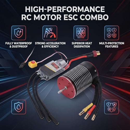 Diydeg RC Brushless Motor ESC Combo, Water Proof 3650 5200KV Brushless Motor & 75A ESC Combo Set, 3.175mm Shaft Smart Sensorless for 1/10 1/8 RC Car Truck