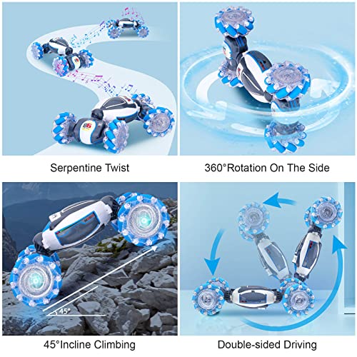 Fosgoit Gesture Sensing RC Stunt Car, Toys for Boys Girls 6-12 Year Old | Remote Control Car, Gifts for Boys and Girls Age 6+, 360° Rotate RC Car with Lights and Music, Gesture Sensing Rc Stunt Car - color: Blue-white