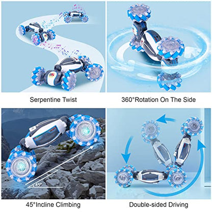 Fosgoit Gesture Sensing RC Stunt Car, Toys for Boys Girls 6-12 Year Old | Remote Control Car, Gifts for Boys and Girls Age 6+, 360° Rotate RC Car with Lights and Music, Gesture Sensing Rc Stunt Car - color: Blue-white