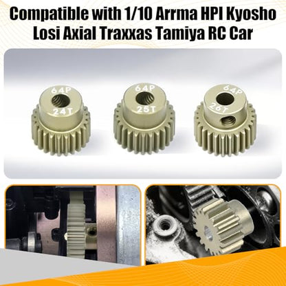 64P Pinion Gear 3.175mm Shaft 7075 Aluminum Alloy Motor Gears,0.6 Metric Pitch 24 25 26T with 1/8 Hole Pinion Gear Compatible with 1/10 Arrma HPI Kyosho Losi Axial Traxxas Tamiya RC Car - size: 24 25 26T