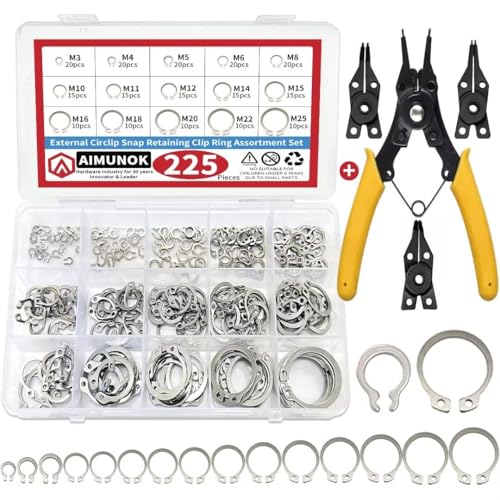 225Pcs External Retaining Rings Snap Rings Assortment Kit, 304 Stainless Steel External C-Clip Set, 15 Sizes Circlip Snap Rings M3 - M25+(Convertible Snap Ring Pliers) - size: 225pcs C-clip stainlesssteels+pliers