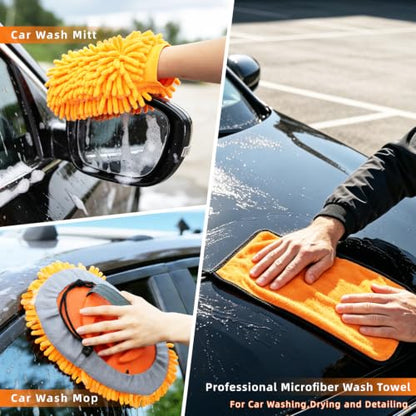 12FT Car Wash Brush with Long Handle Extension Pole Soft Bristle Car Cleaning Kit,Wheel & Tire Brush,Microfiber Wash Mop & Mitt,Window Squeegee,Detailing Brushes for Car RV Truck Boat House