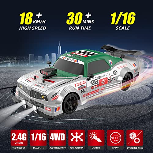 RC Drift Car 2.4GHz 1:16 Scale 4WD High Speed Remote Control Cars Vehicle with LED Lights Two Batteries and Drifting Tires Racing Sport Toy Cars for Adults Boys Girls Kids - color: Green