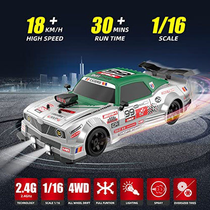RC Drift Car with Spray Remote Control Cars, 1/16 2.4GHz 4WD Remote Control Drift Car Drifting RC Cars with LED Lights and Drifting Tires Toy for Adults Boys Kids - color: Green
