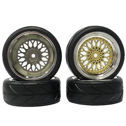 4PCS 64mm RC Rubber Tires and Plastic Plating Wheel Rims Set Replacement Part 12mm Hex for 1/10 RC On Road Run-flating Touring Racing Drift Car Tyre(Gold Silver,Offset:3mm) - color: Gold Silver, size: Offset:3mm