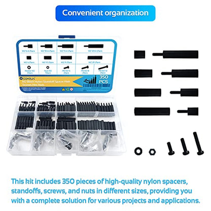 350PCS M2 Black Male Female Nylon Hex Spacer Standoff Screw Nut Set Assortment Kit (Black) for PCB Motherboard Circuit Board - size: 350Pcs M2
