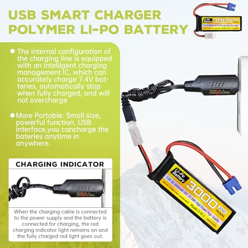 sea jump 2S Lipo Battery 7.4V 3000mAh 35C with EC3 Plug and USB Charging Cable Suitable for RC Car Truck Boat, RC Quadcopter Aircraft, FPV Drone Battery