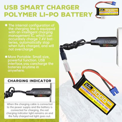 sea jump 2S Lipo Battery 7.4V 3000mAh 35C with EC3 Plug and USB Charging Cable Suitable for RC Car Truck Boat, RC Quadcopter Aircraft, FPV Drone Battery