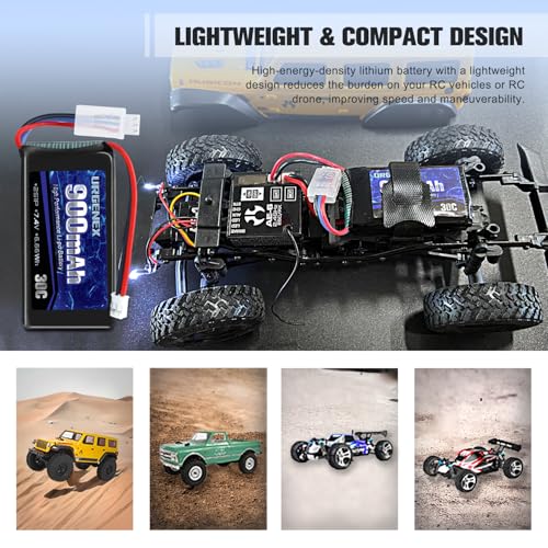 SCX24 Battery 7.4V Lipos 2S 30C(Burst 60C) 900mAh Rechargeable Lithium Battery with PH2.0 Plug Compatible with Most 1/10, 1/16, 1/18, 1/24 Scale RC Cars Trucks with 1TO2 USB Charger