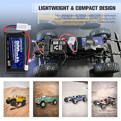 SCX24 Battery 7.4V Lipos 2S 30C(Burst 60C) 900mAh Rechargeable Lithium Battery with PH2.0 Plug Compatible with Most 1/10, 1/16, 1/18, 1/24 Scale RC Cars Trucks with 1TO2 USB Charger