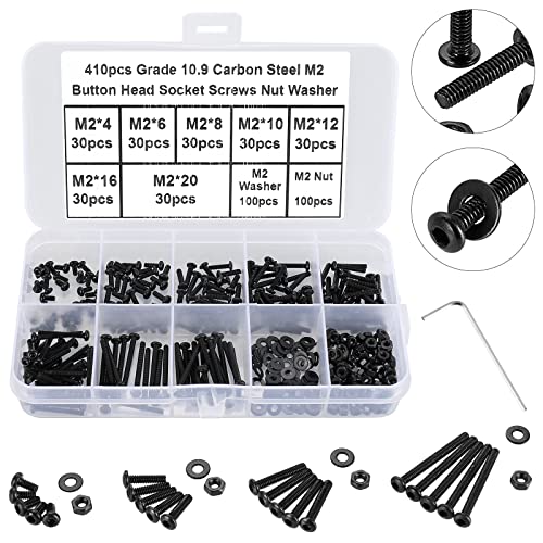 410Pcs Tiny Button Head Hex Socket Cap Screws, Black Grade 10.9 Alloy Steel, M2 x 4/6/8/10/12/16/20mm Allen Head Machine Screws, Nuts and Washers Kit with Hex Key, Fully Threaded Pitch: 0.4mm - color: Black-410Pcs M2 Button Head Socket Screw-10.9